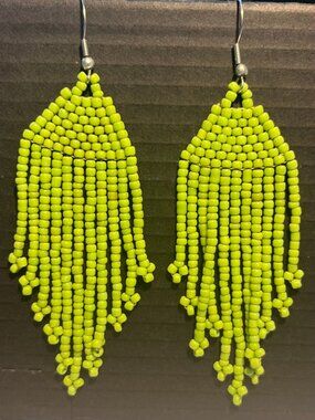 Lime Green Beaded Fringe Statement Earrings